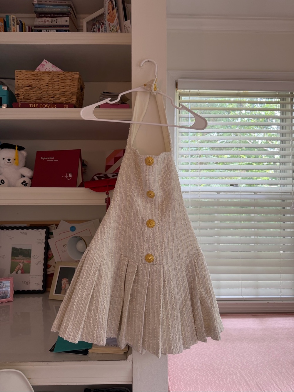 Cream Textured Button-Front Halter Dress